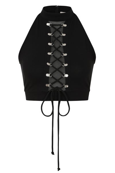 Trendy halter crop top with bold lace-up detail.