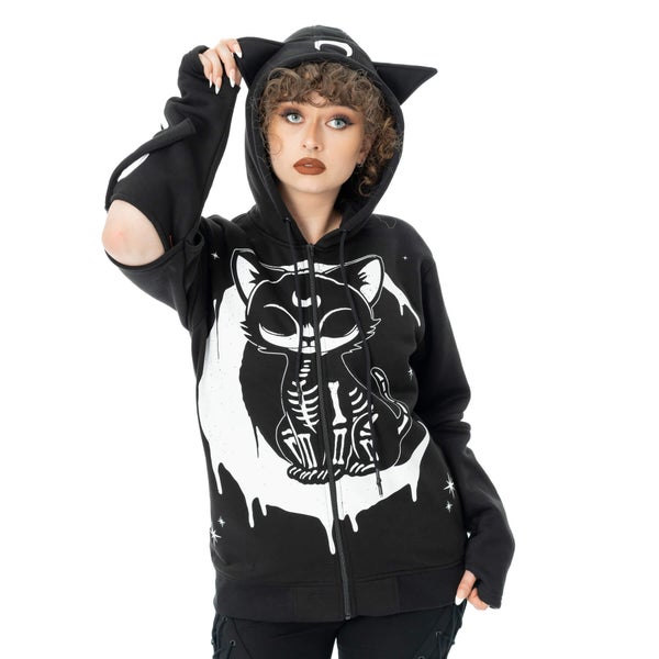 Zip-up hoodie with a bold skeletal cat print.